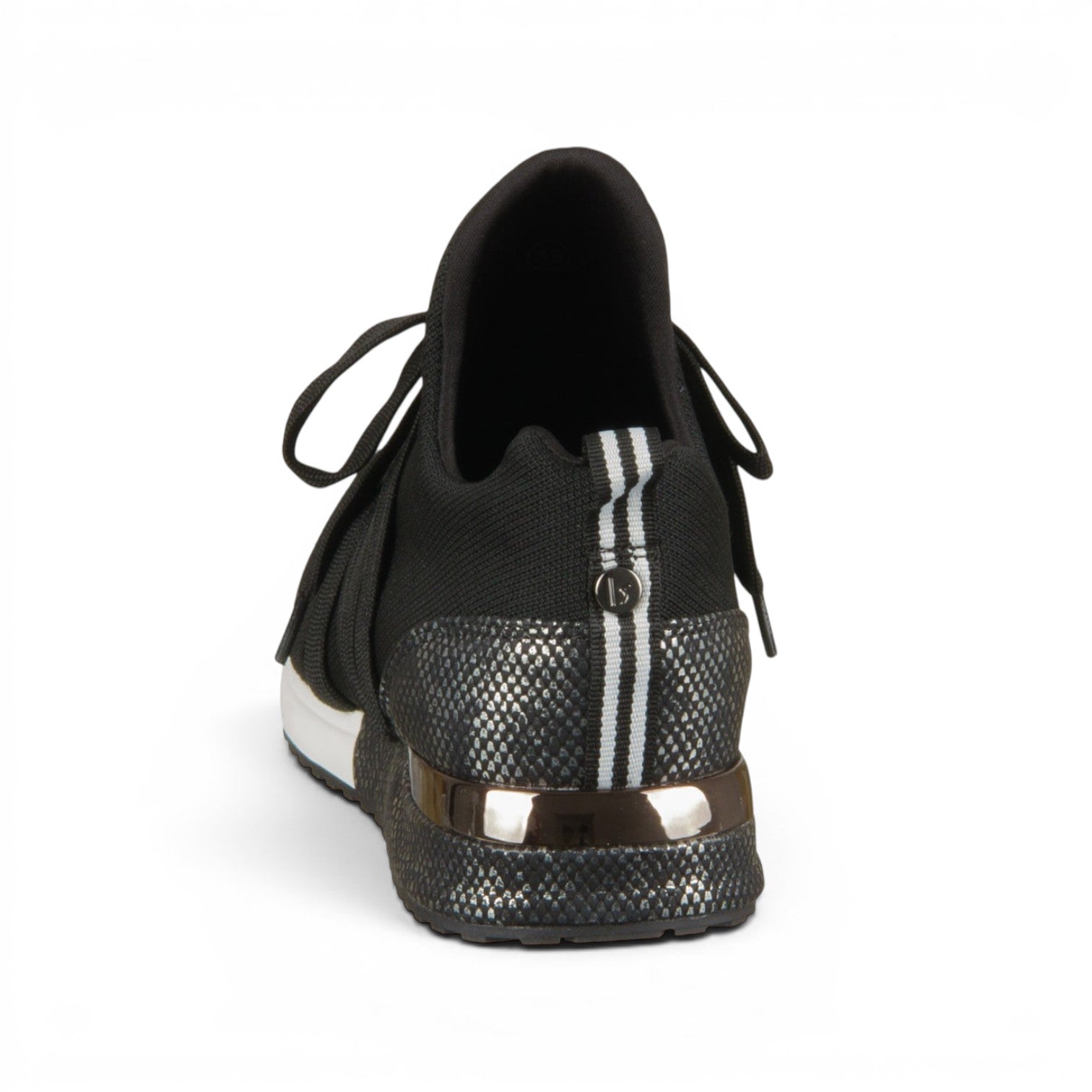ShoeShop La Strada black knit sneakers with metallic textured heel detail and striped pull tab