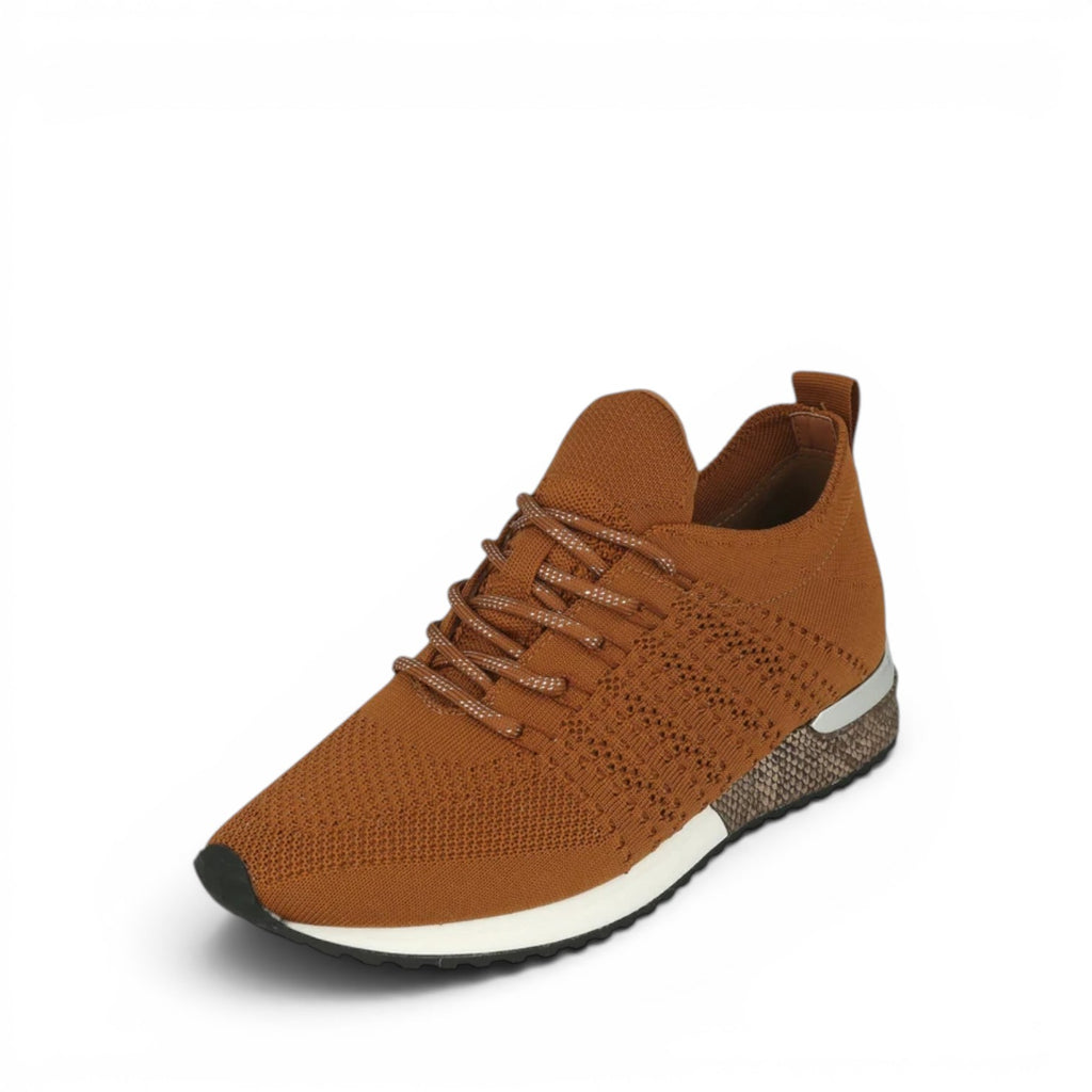 ShoeShop La Strada brown knit sneakers with a textured snake-print heel detail and white cushioned sole.