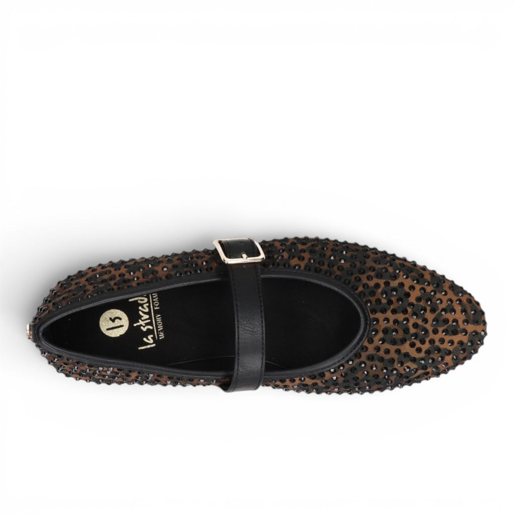 ShoeShop La Strada leopard print ballet flat with black crystal embellishments and a buckled mary jane strap
