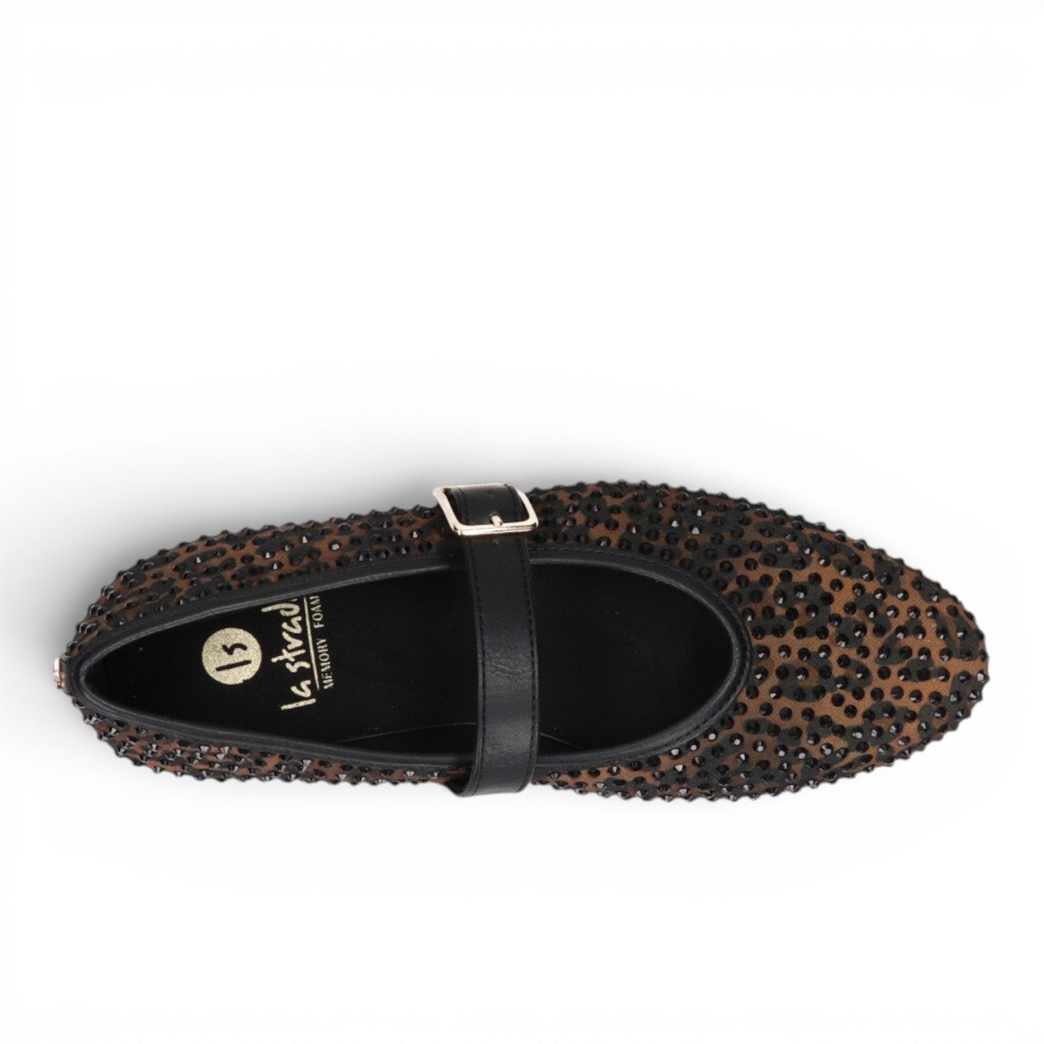 ShoeShop La Strada leopard print ballet flat with black crystal embellishments and a buckled mary jane strap