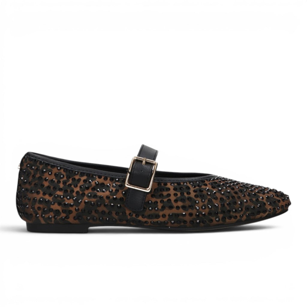 ShoeShop La Strada black leopard print ballet flat with rhinestone embellishments and a buckled strap