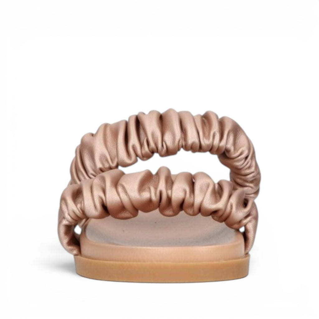 ShoeShop La Strada metallic rose gold slide sandals with double ruched straps and flat sole
