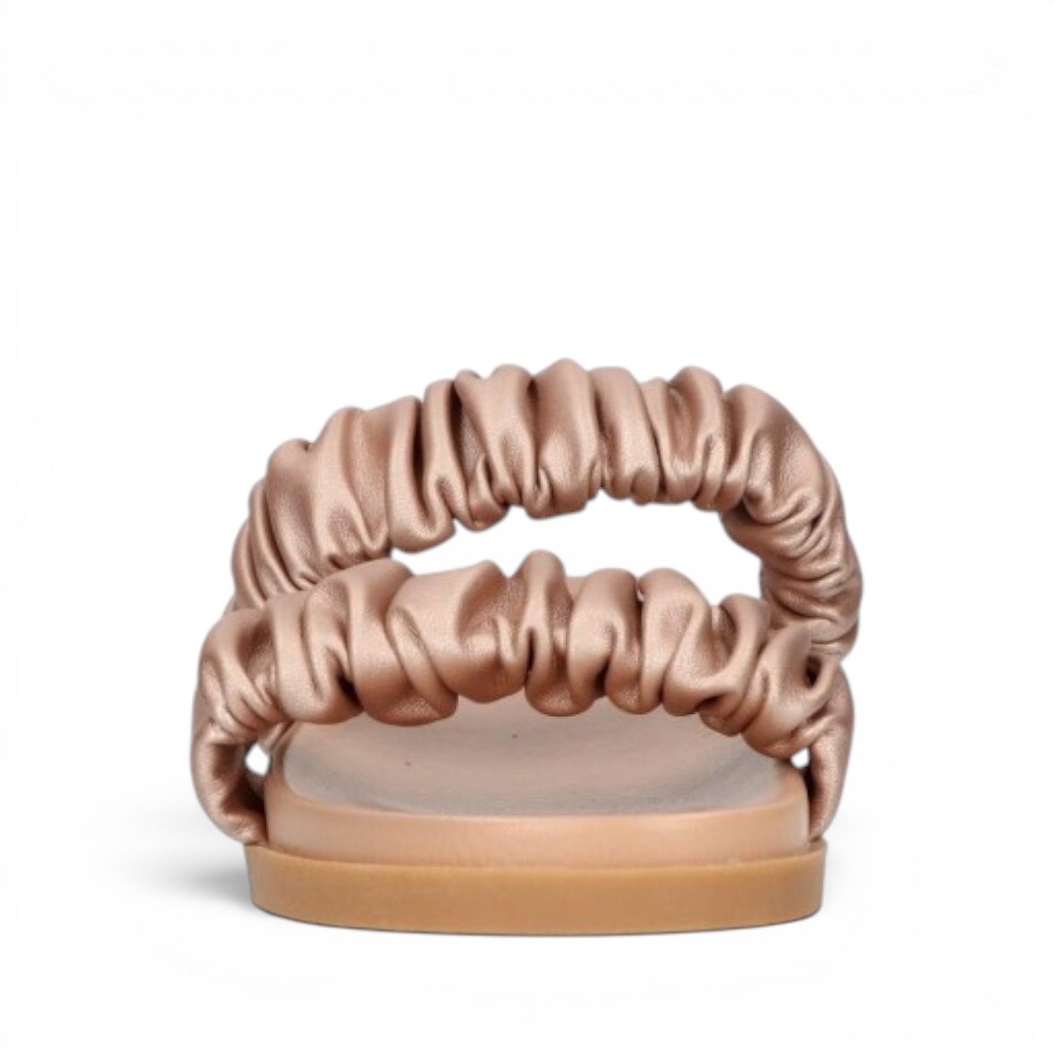 ShoeShop La Strada metallic rose gold slide sandals with double ruched straps and flat sole