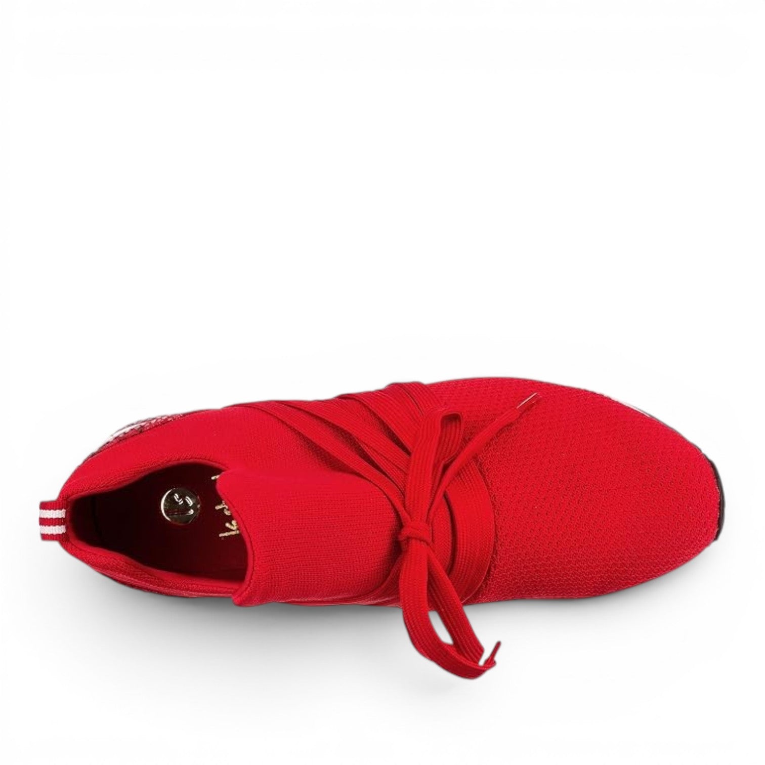 ShoeShop La Strada red slip-on sneakers with decorative laces and a knit upper viewed from above