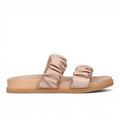 ShoeShop La Strada 2101710 slide sandals in metallic rose gold with ruched double straps and a flat rubber sole.
