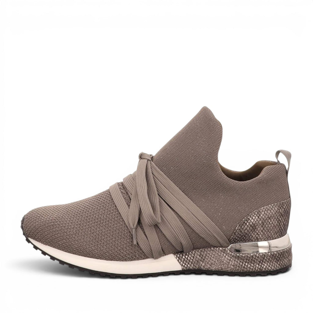 ShoeShop La Strada taupe knit sneaker with wrap-around laces and metallic snakeskin-textured heel detail.