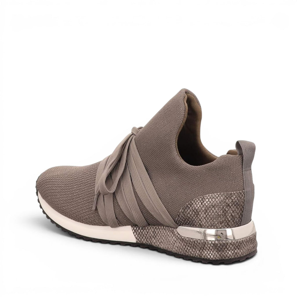 ShoeShop La Strada taupe knit sneakers with wide laces and metallic snakeskin-textured heel detail