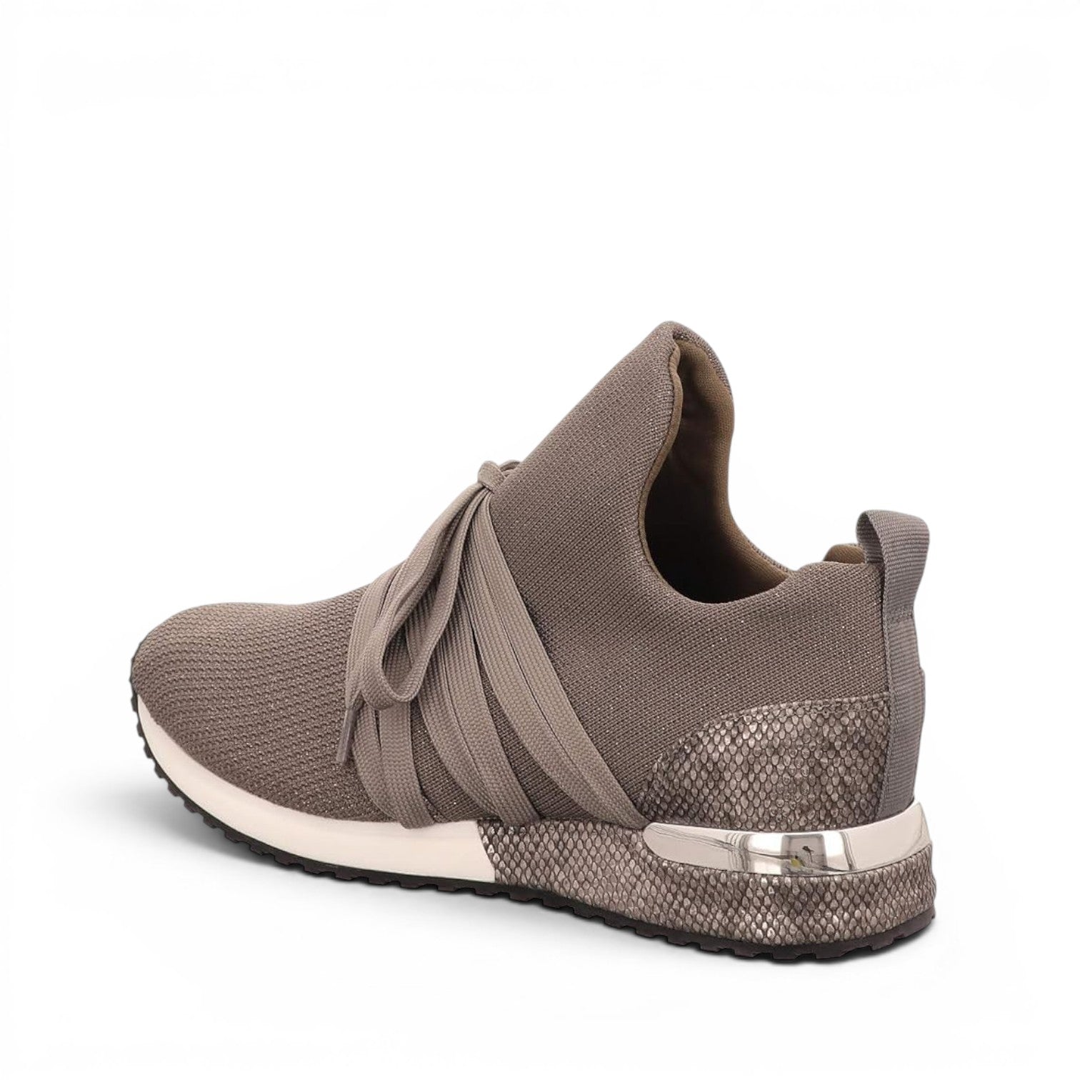 ShoeShop La Strada taupe knit sneakers with wide laces and metallic snakeskin-textured heel detail