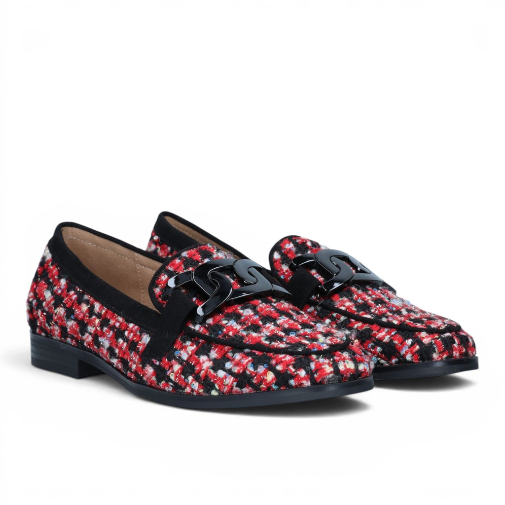ShoeShop La Strada loafers in red, black, and white tweed fabric with a black patent chain link detail