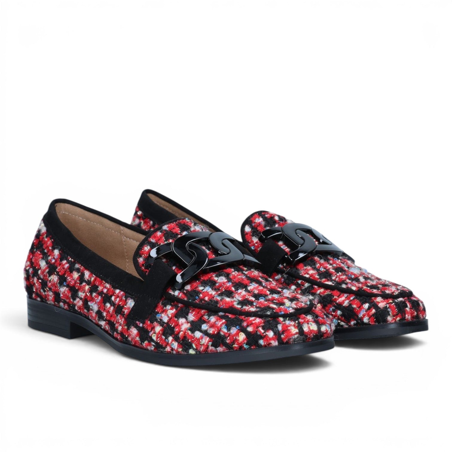 ShoeShop La Strada loafers in red, black, and white tweed fabric with a black patent chain link detail