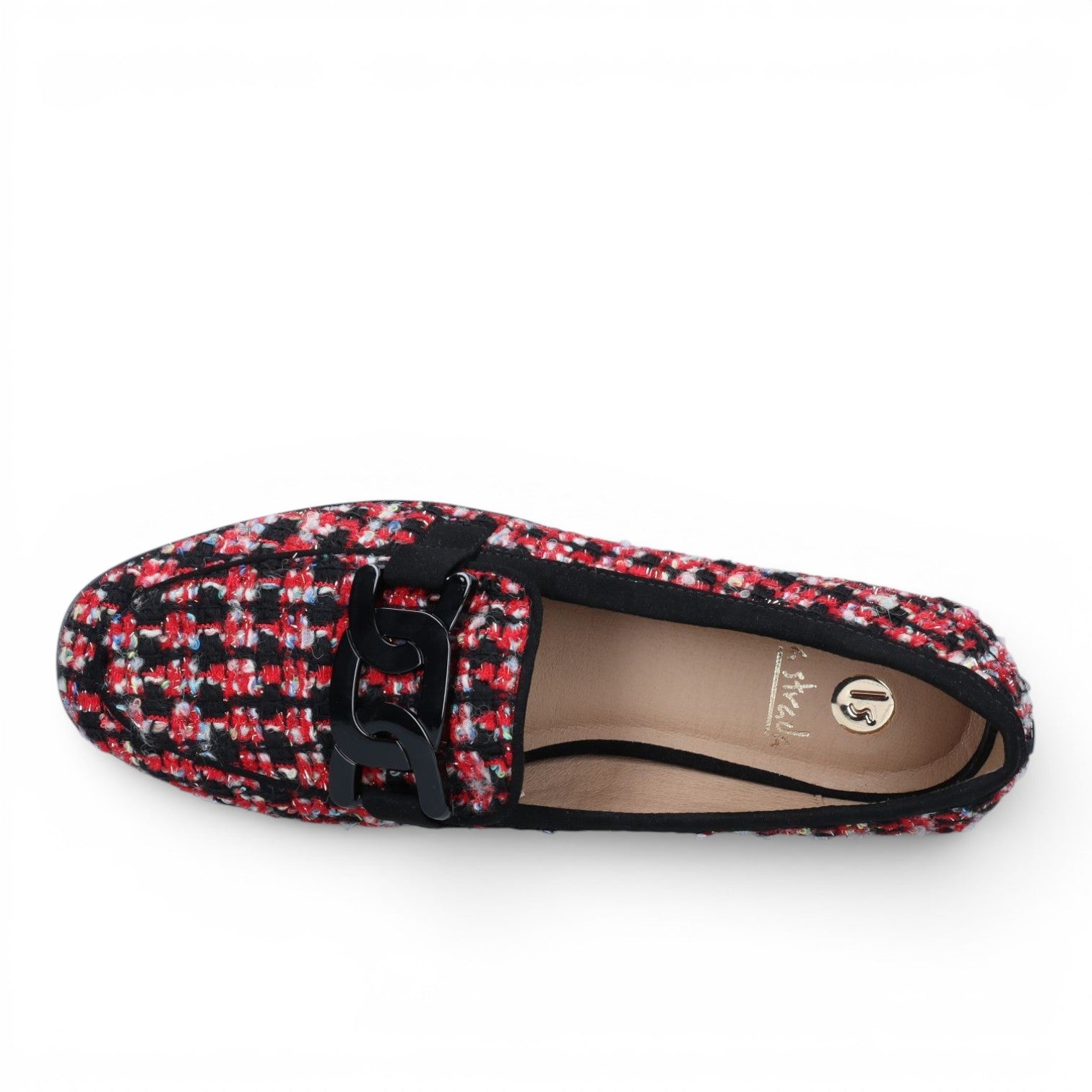 ShoeShop La Strada loafers in red, black, and white tweed fabric with a black chain link detail, top-down view