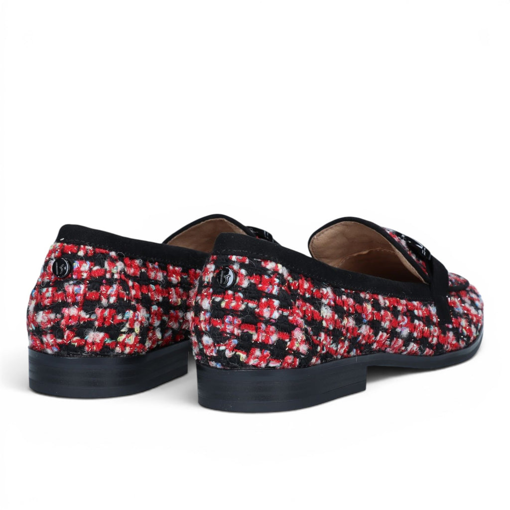 ShoeShop La Strada loafers in red, black, and white tweed fabric with black trim and small metallic logo detail