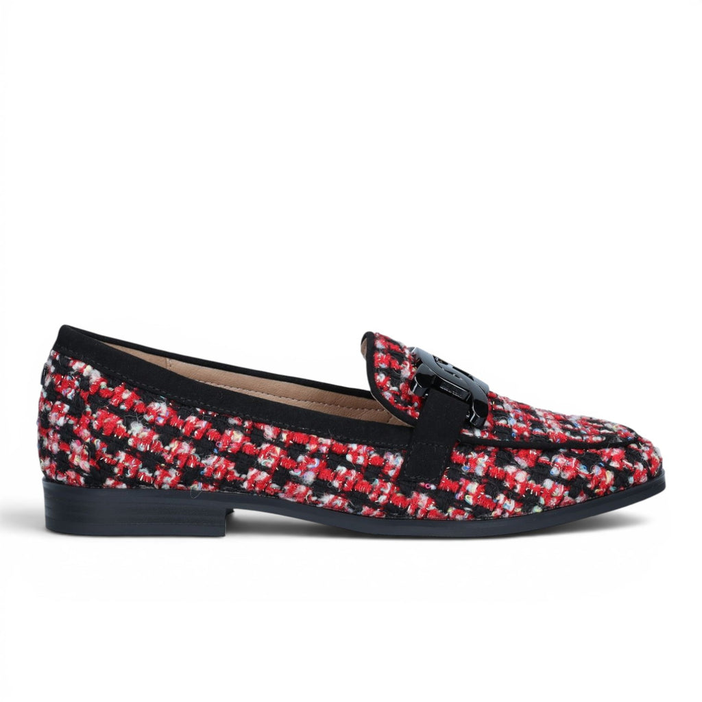ShoeShop La Strada loafers in red, white, and black tweed fabric with a black patent buckle detail