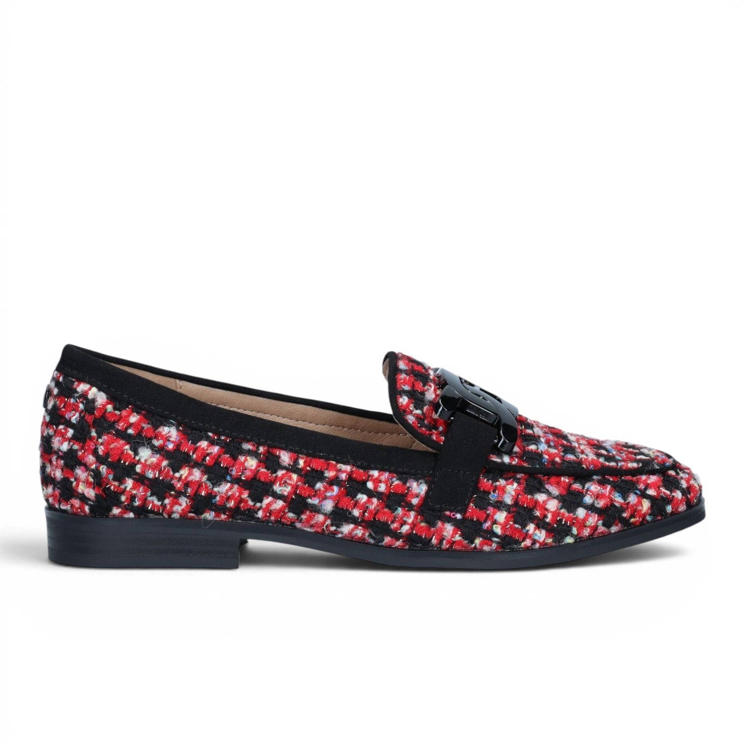 ShoeShop La Strada loafers in red, white, and black tweed fabric with a black patent buckle detail