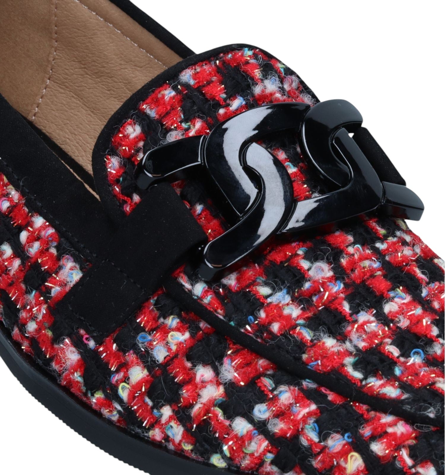 ShoeShop La Strada loafers in red and black tweed fabric with a black chain link ornament