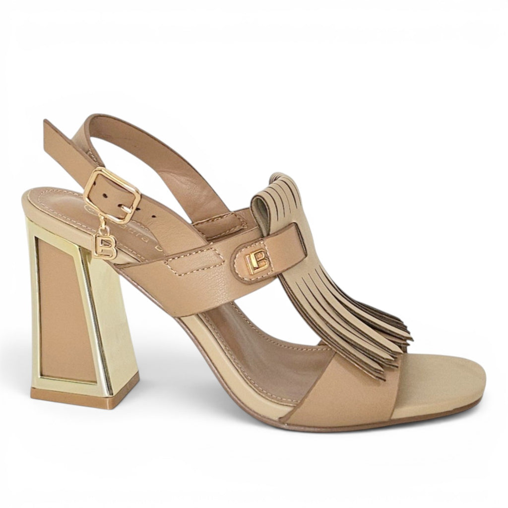 ShoeShop LAURA BIAGIOTTI 9753 beige leather heeled sandals with fringe detail and gold-tone geometric block heel