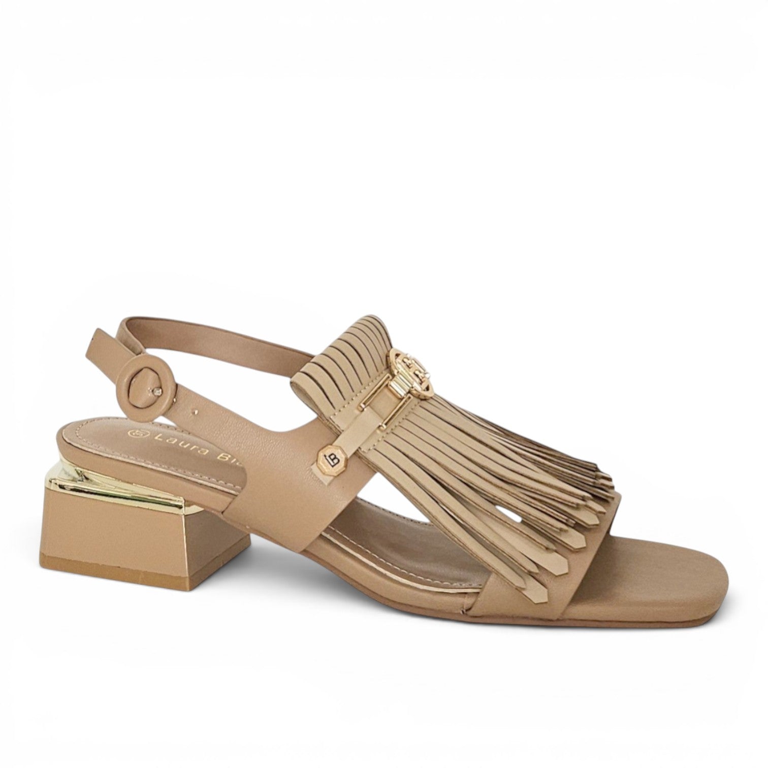 ShoeShop LAURA BIAGIOTTI 9728 beige leather slingback sandals with fringe detail and gold block heel