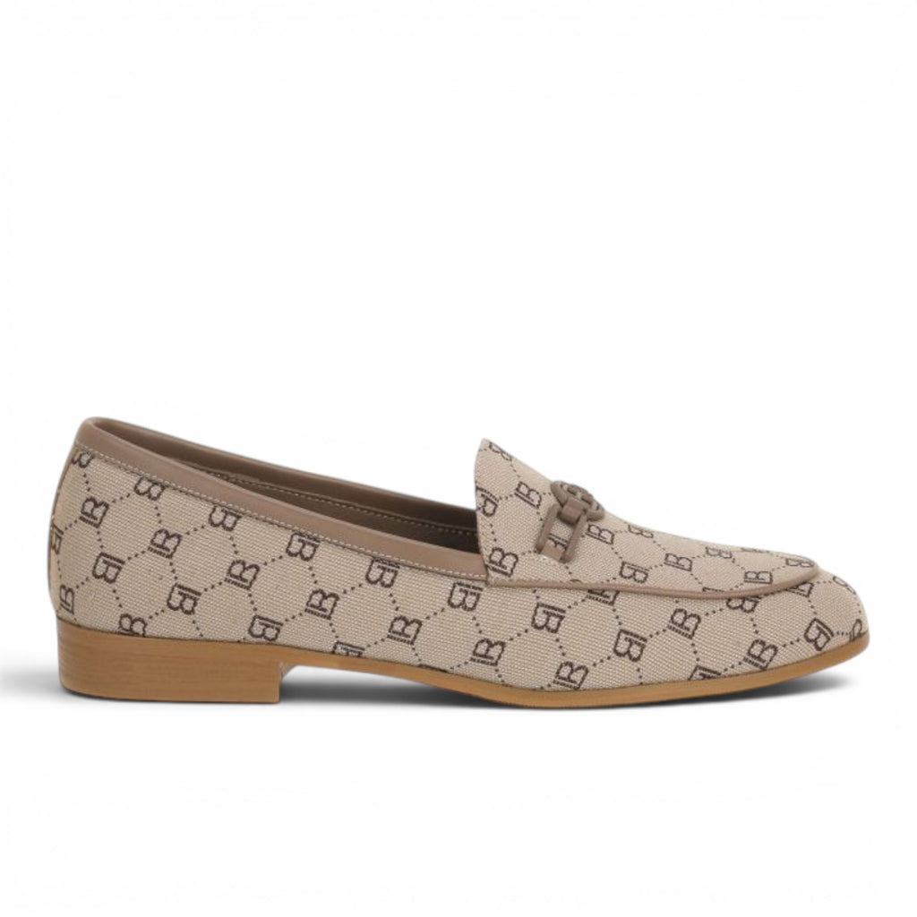 ShoeShop LAURA BIAGIOTTI 8476 beige monogram loafers with a low heel and decorative metal bit detail