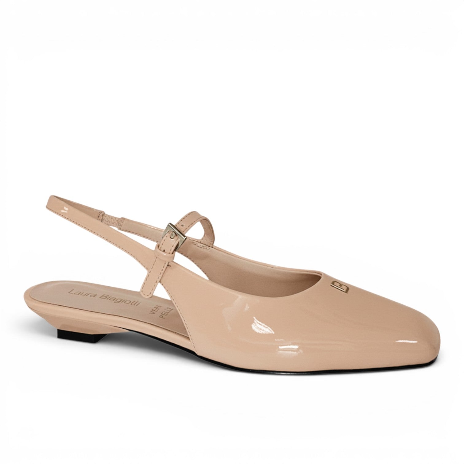 ShoeShop Laura Biagiotti 9670 beige patent synthetic slingback pumps with a low 2cm heel and gold logo detail