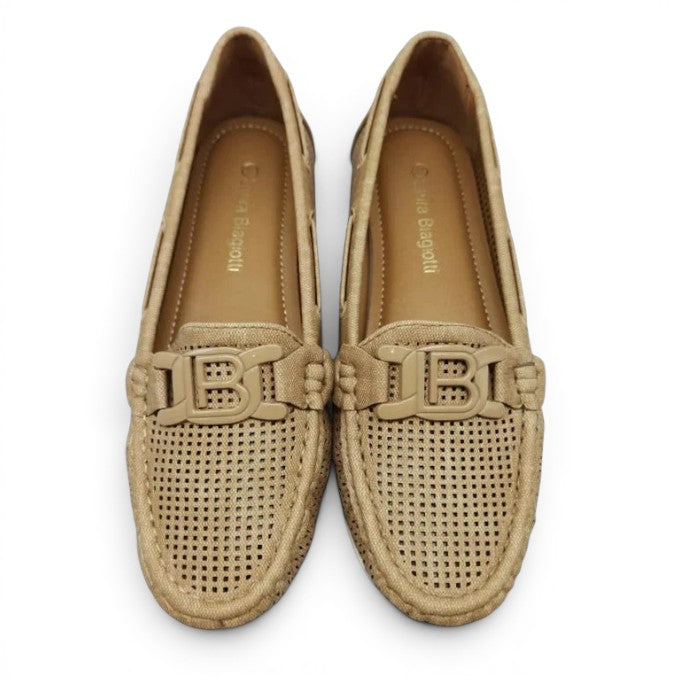 ShoeShop LAURA BIAGIOTTI 8469 beige perforated loafers with a decorative B logo buckle