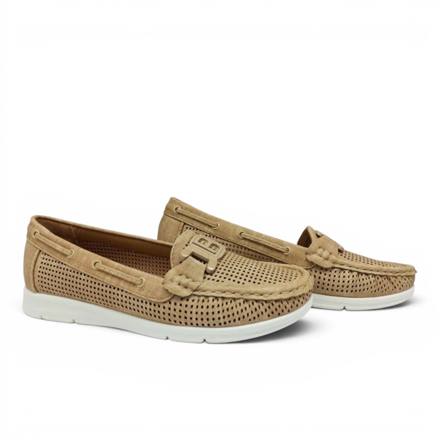 ShoeShop LAURA BIAGIOTTI 8469 beige perforated leather loafers with white soles and decorative metal logo detail