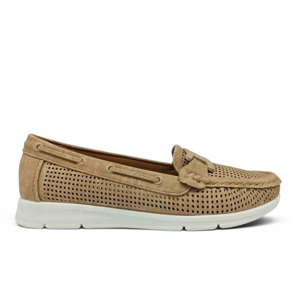 ShoeShop LAURA BIAGIOTTI 8469 beige perforated canvas loafers with white rubber sole and moccasin-style stitching