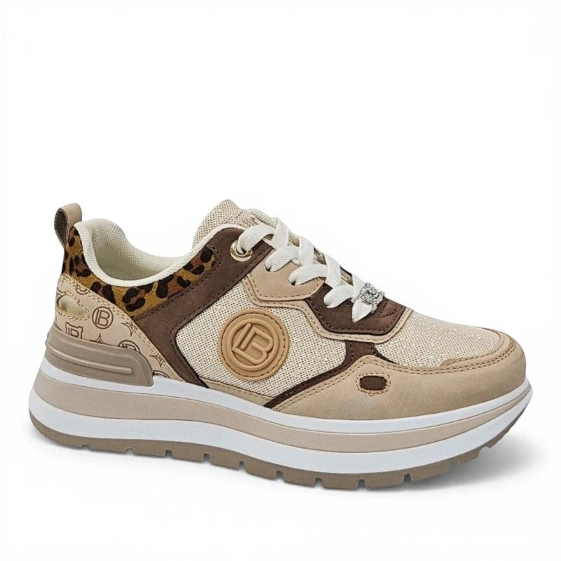 ShoeShop Laura Biagiotti 9238 beige platform sneakers with leopard print accents and logo detailing