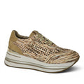 ShoeShop LAURA BIAGIOTTI 9643 beige woven platform sneakers with metallic gold accents and lace-up closure
