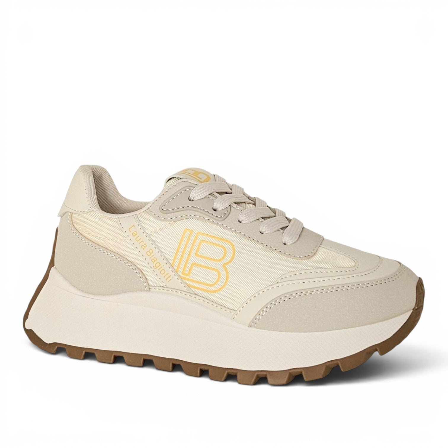 ShoeShop Laura Biagiotti 9646 beige platform sneakers with gold logo detailing and a brown lugged rubber sole