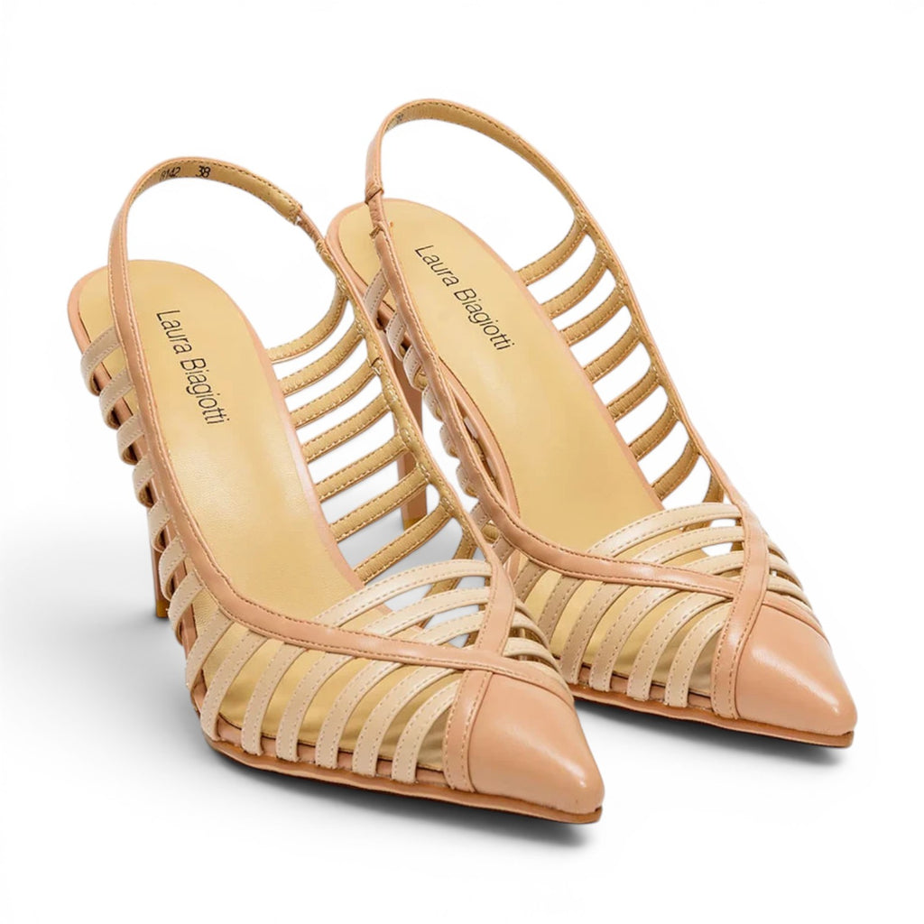ShoeShop Laura Biagiotti 8142 beige leather slingback heels with a caged strappy design and pointed toe