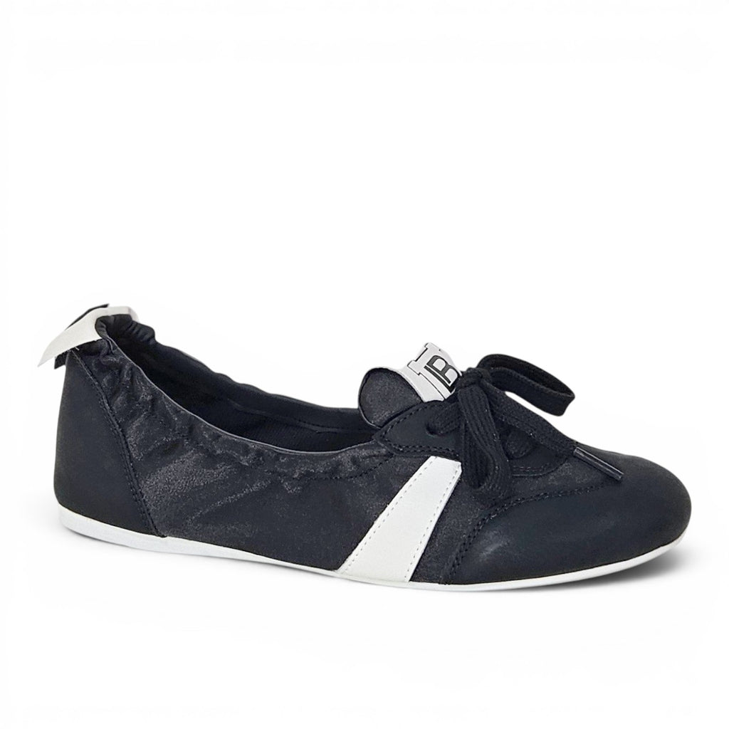 ShoeShop LAURA BIAGIOTTI 9664 black ballet flat with white stripe detail and front lace-up bow