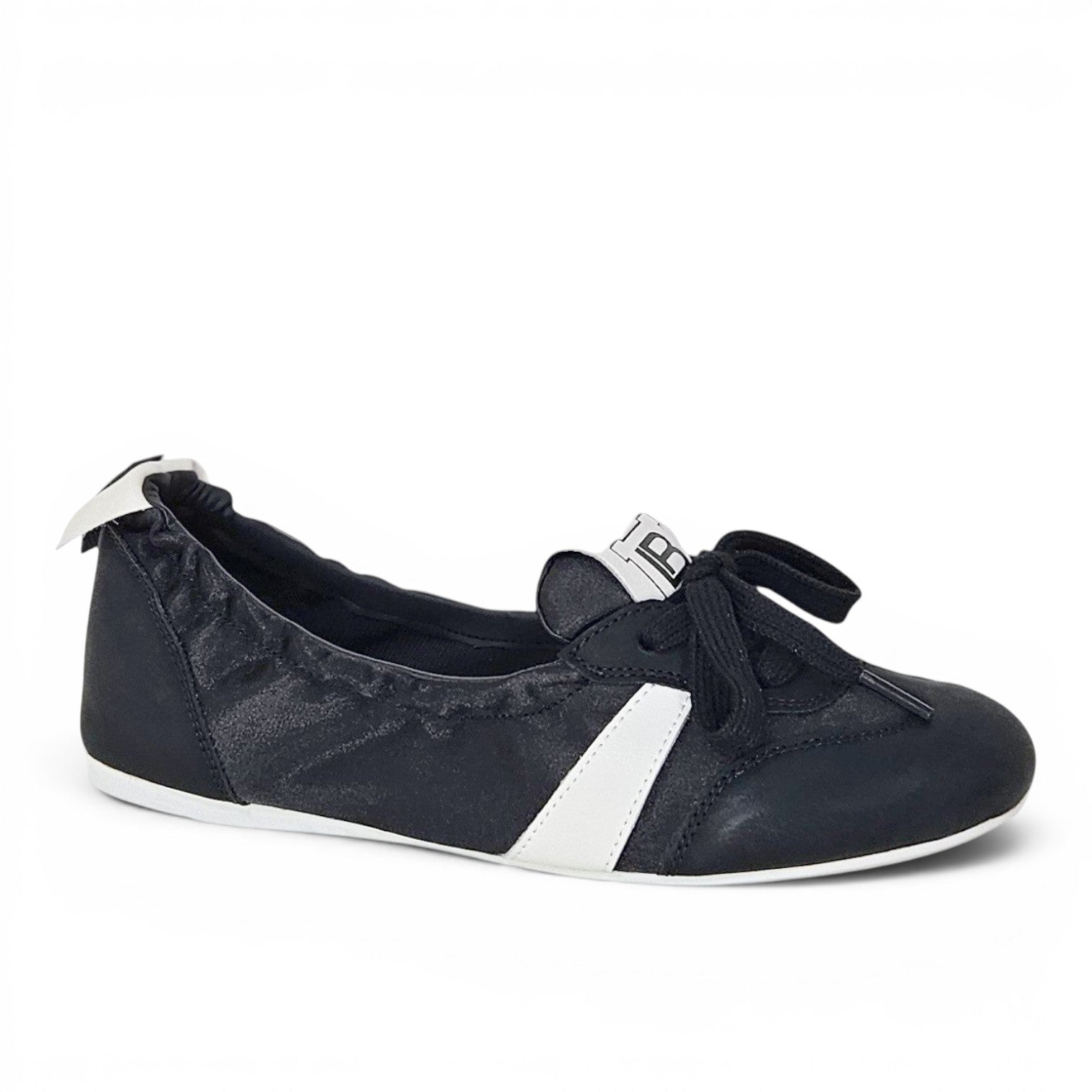 ShoeShop LAURA BIAGIOTTI 9664 black ballet flat with white stripe detail and front lace-up bow