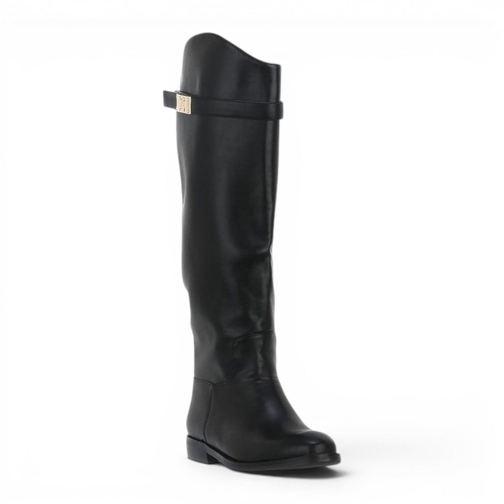 ShoeShop LAURA BIAGIOTTI 8242 black knee-high boots with a decorative strap and gold-tone hardware detail.