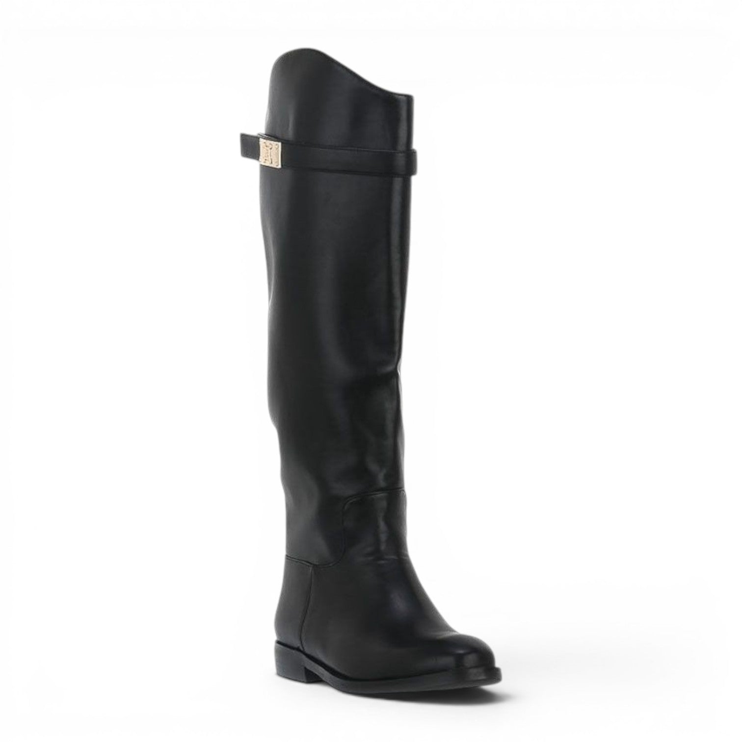 ShoeShop LAURA BIAGIOTTI 8242 black knee-high boots with a decorative strap and gold-tone hardware detail.