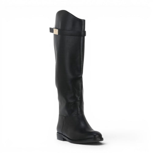 ShoeShop LAURA BIAGIOTTI 8242 black knee-high boots with a decorative strap and gold-tone hardware detail.