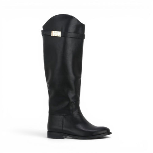 ShoeShop LAURA BIAGIOTTI 8242 black knee-high leather boots with gold-tone buckle detail
