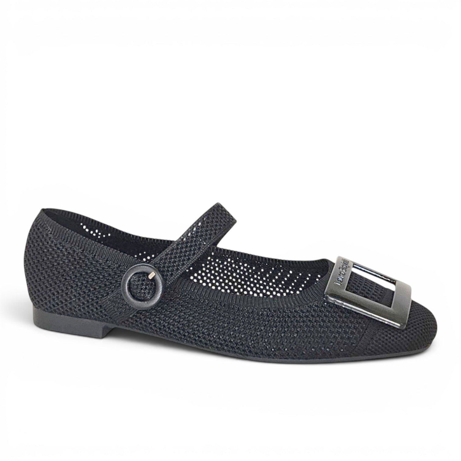ShoeShop LAURA BIAGIOTTI 9693 black knitted Mary Jane flats with a decorative square buckle and strap