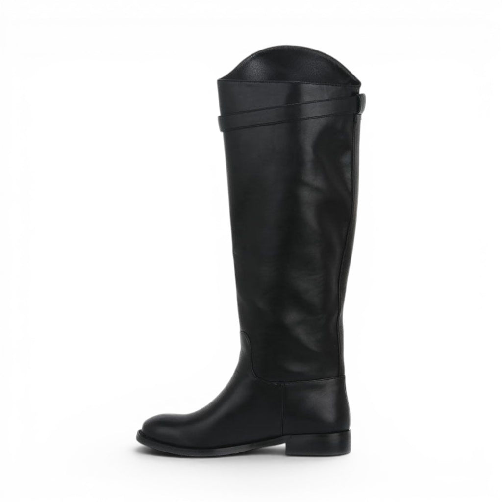 ShoeShop LAURA BIAGIOTTI 8242 black leather knee-high boots with a flat heel and side strap detail.