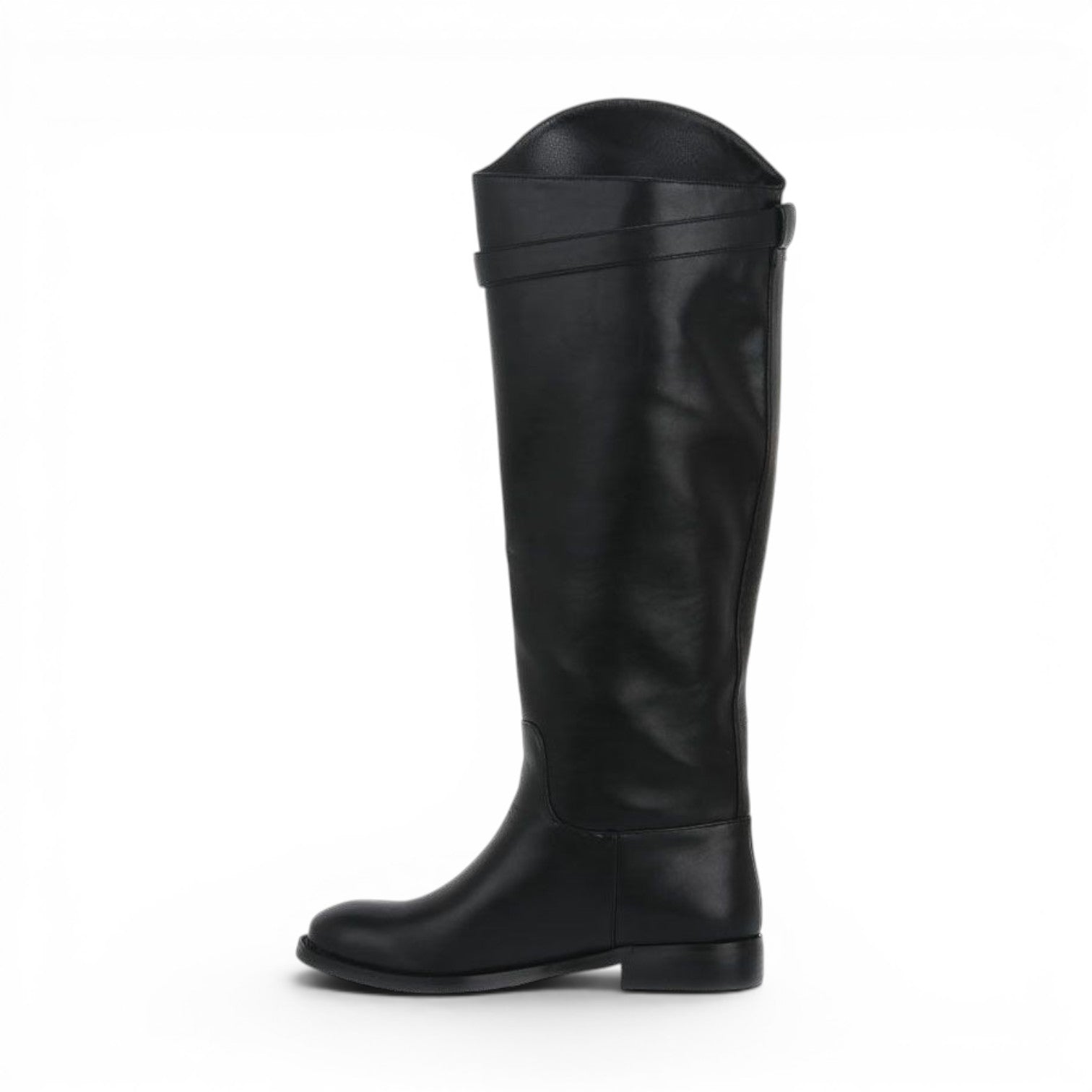 ShoeShop LAURA BIAGIOTTI 8242 black leather knee-high boots with a flat heel and side strap detail.