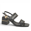 ShoeShop LAURA BIAGIOTTI 9744 black mesh block heel sandals with gold stud detailing and ankle strap