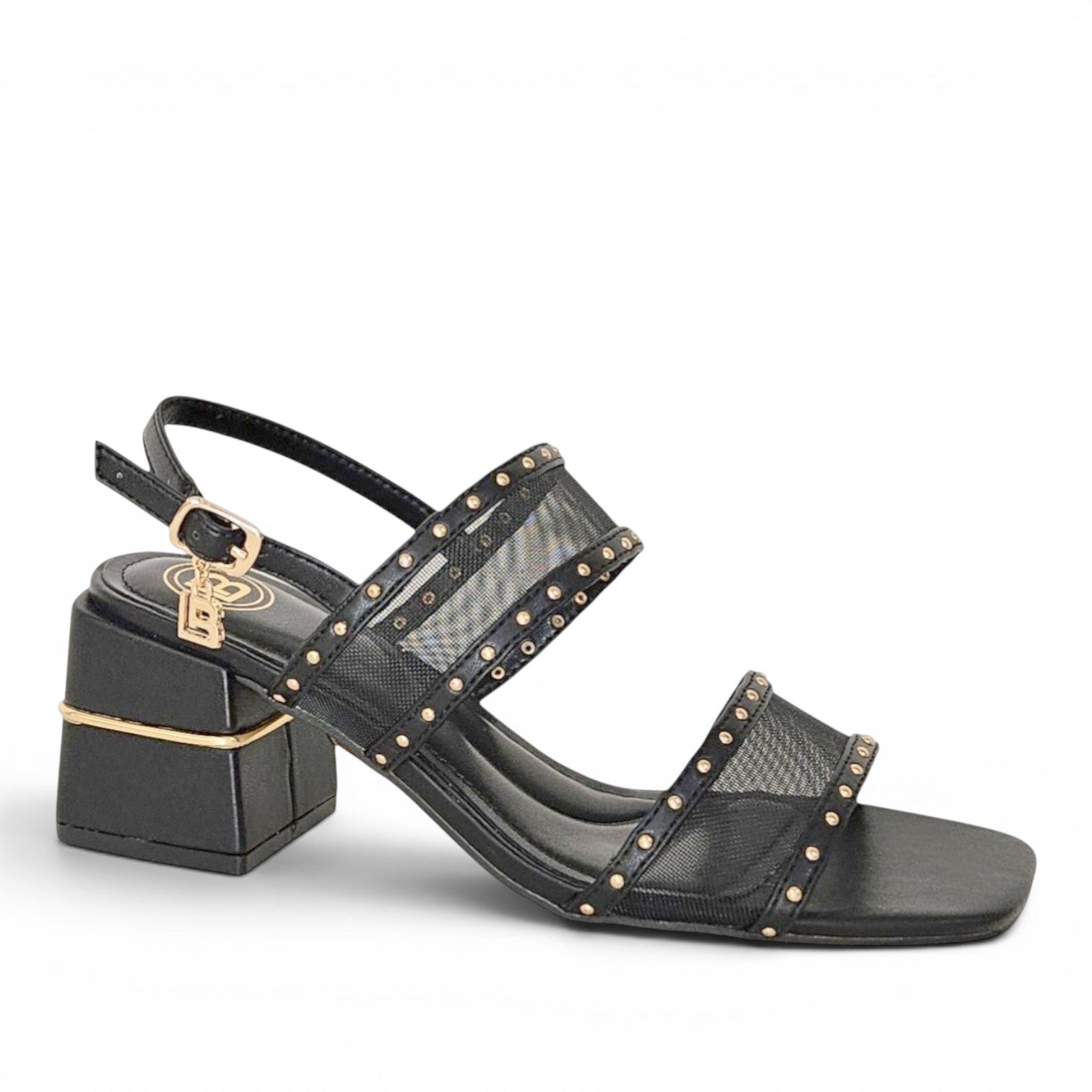 ShoeShop LAURA BIAGIOTTI 9744 black mesh block heel sandals with gold stud detailing and ankle strap