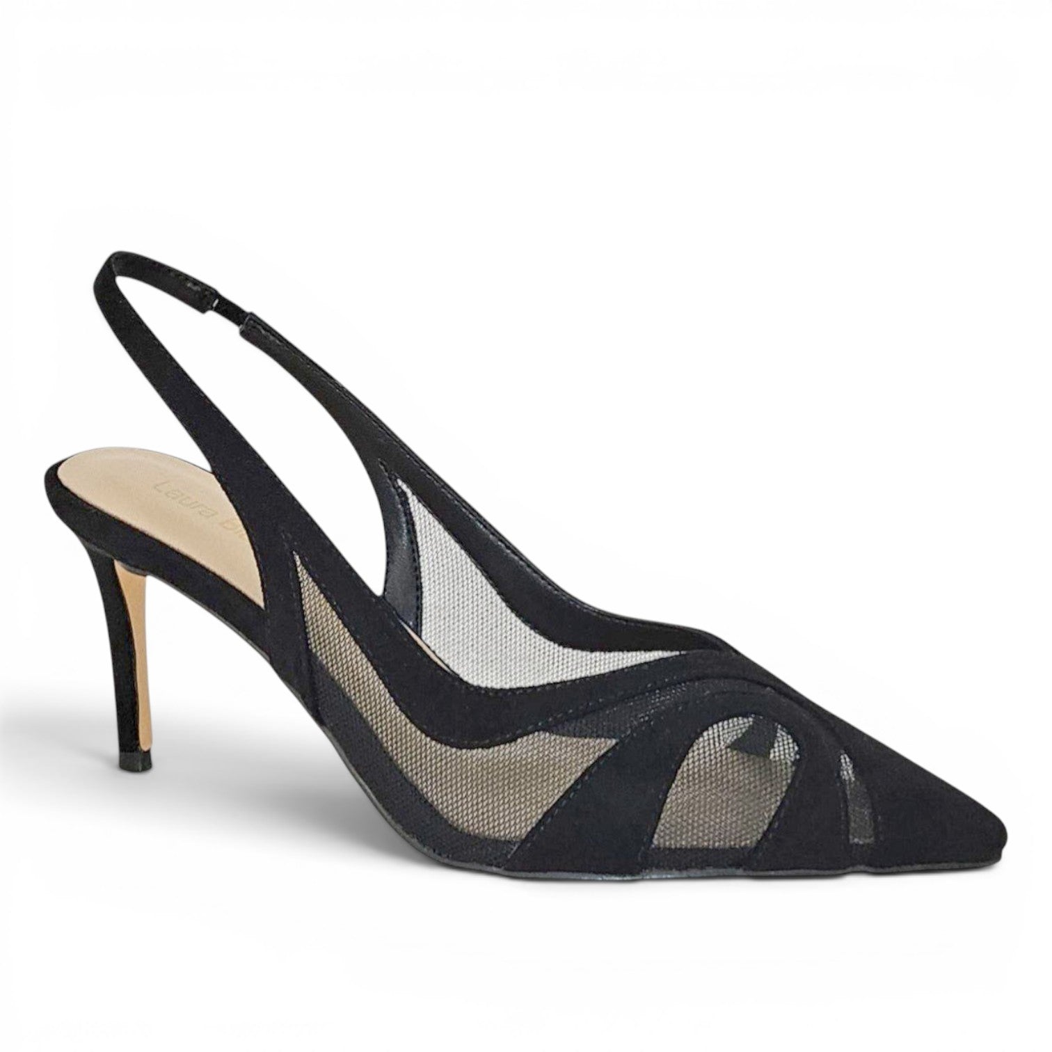 ShoeShop Laura Biagiotti 9681 black pointed-toe slingback heels with mesh panel detailing
