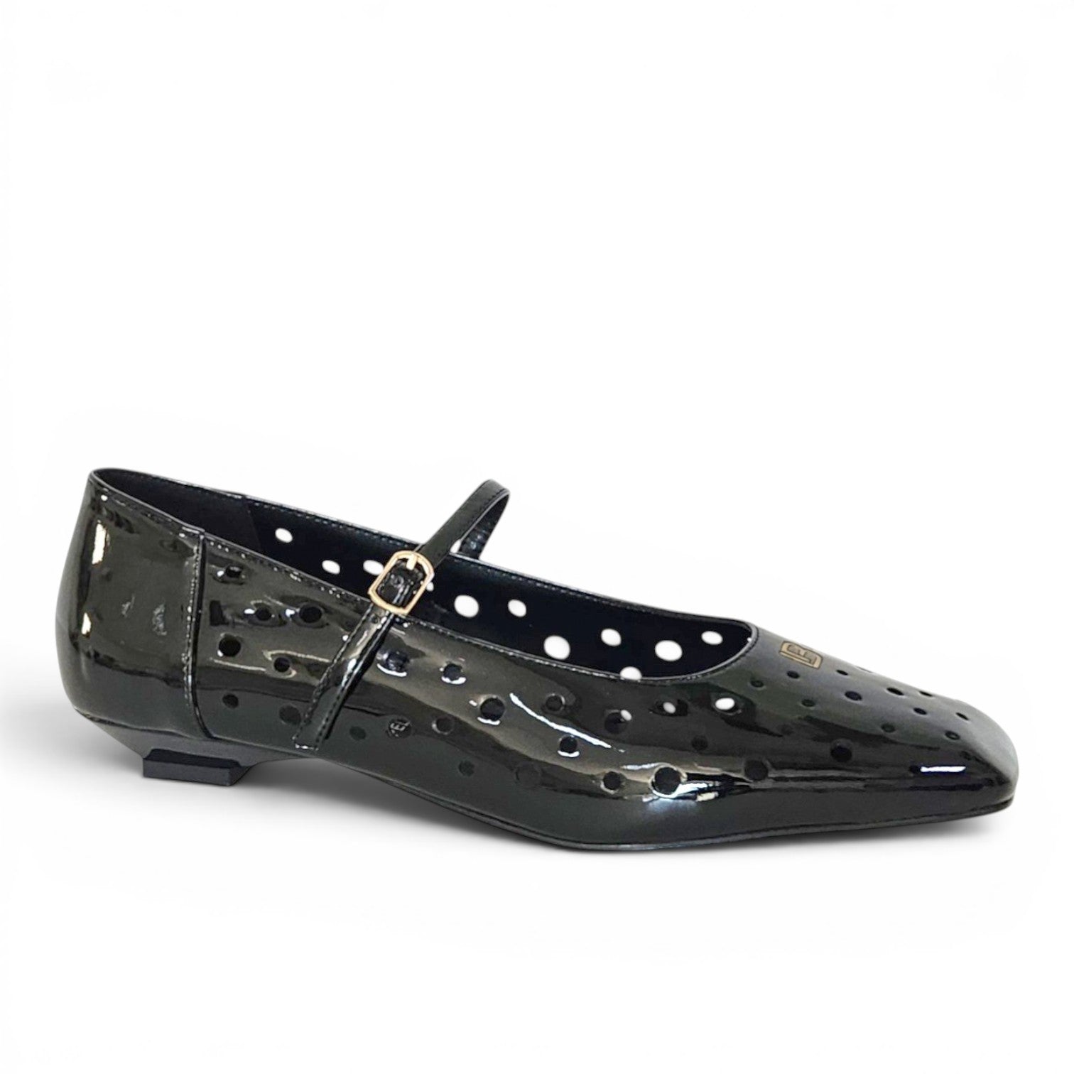 ShoeShop LAURA BIAGIOTTI 9671 black patent leather Mary Jane flats with laser-cut perforated details and buckle strap