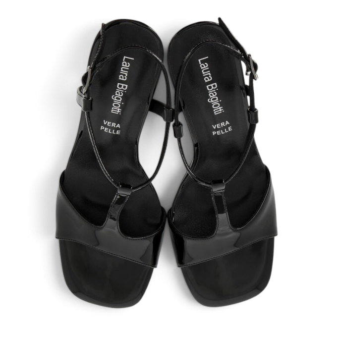 ShoeShop Laura Biagiotti 8534 black patent synthetic T-strap sandals with a 9 cm heel and adjustable ankle strap