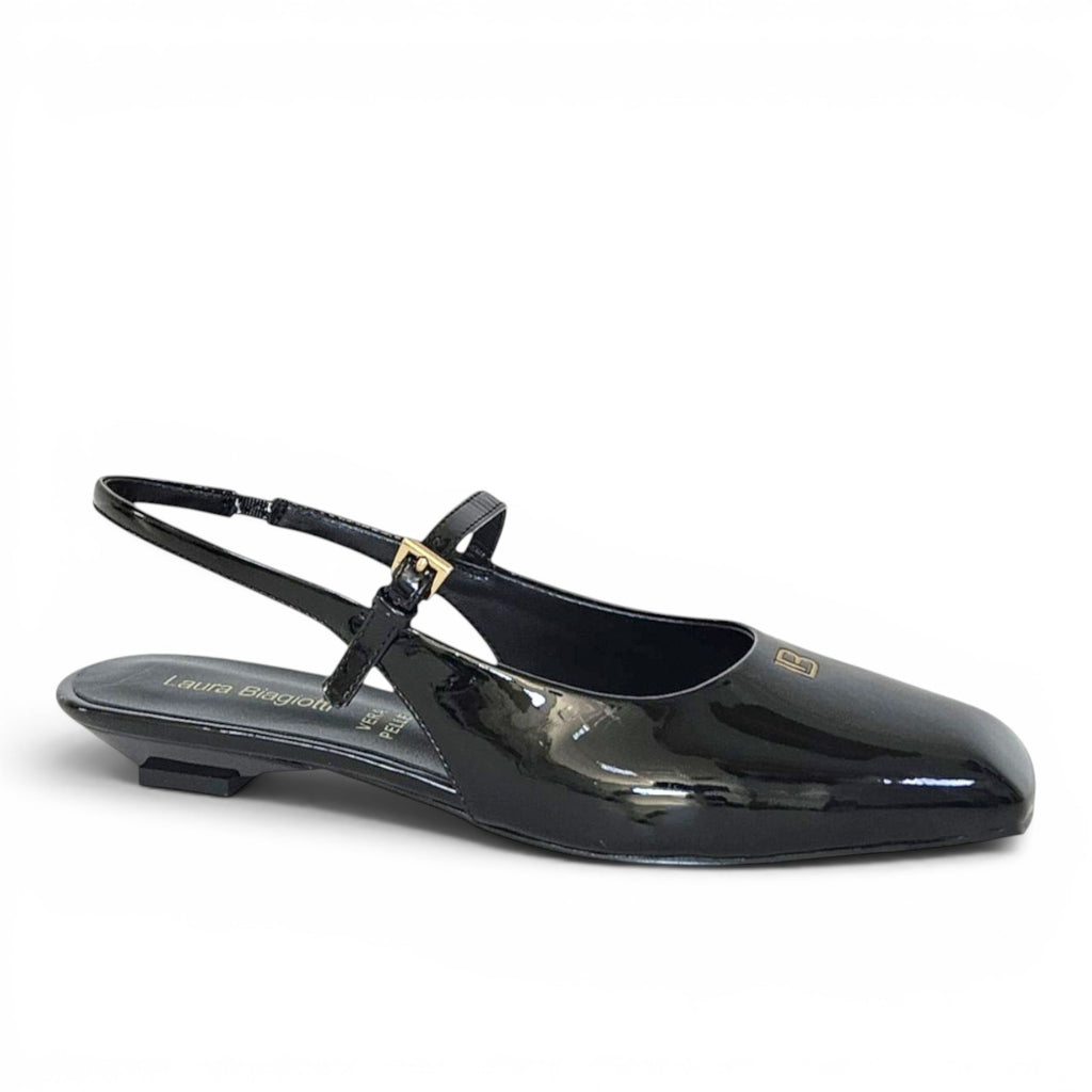 ShoeShop Laura Biagiotti 9670 black patent leather slingback flats with a square toe and gold logo detail