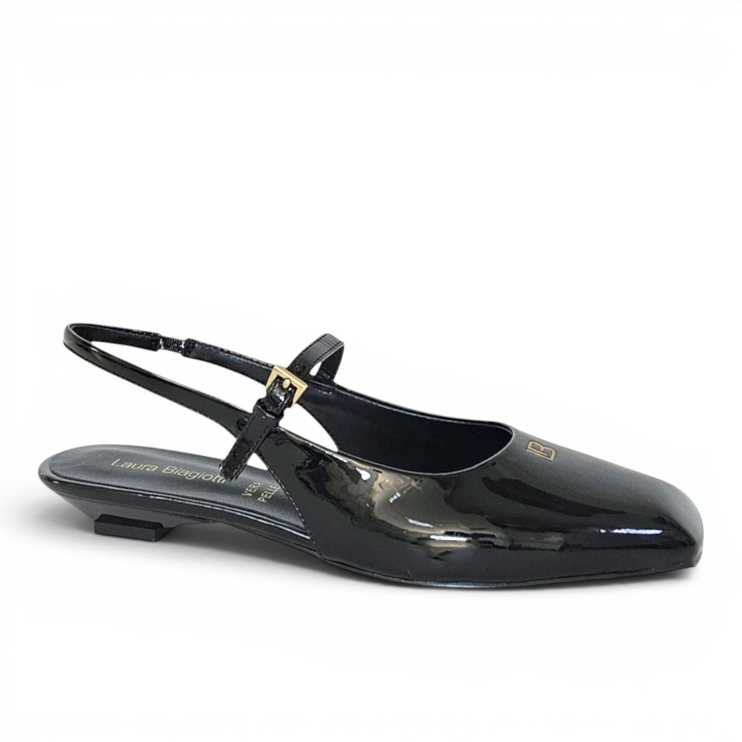 ShoeShop Laura Biagiotti 9670 black patent leather slingback flats with a square toe and gold logo detail