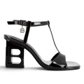 ShoeShop Laura Biagiotti 8534 black patent synthetic t-strap sandal with 9cm sculptural B-shaped block heel