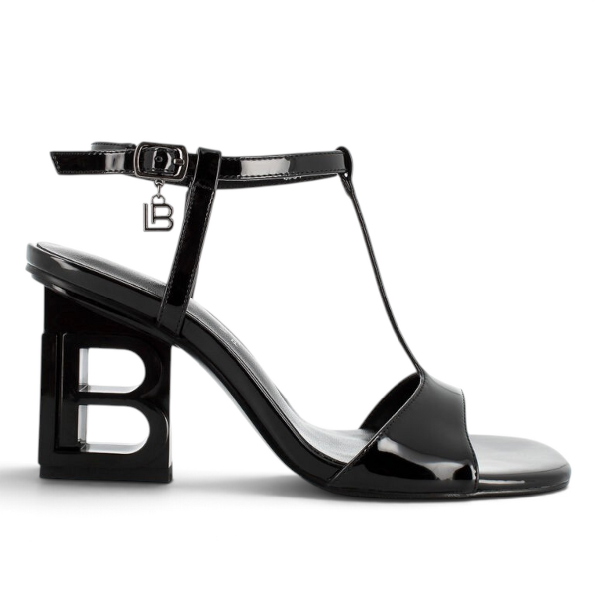 ShoeShop Laura Biagiotti 8534 black patent synthetic t-strap sandal with 9cm sculptural B-shaped block heel