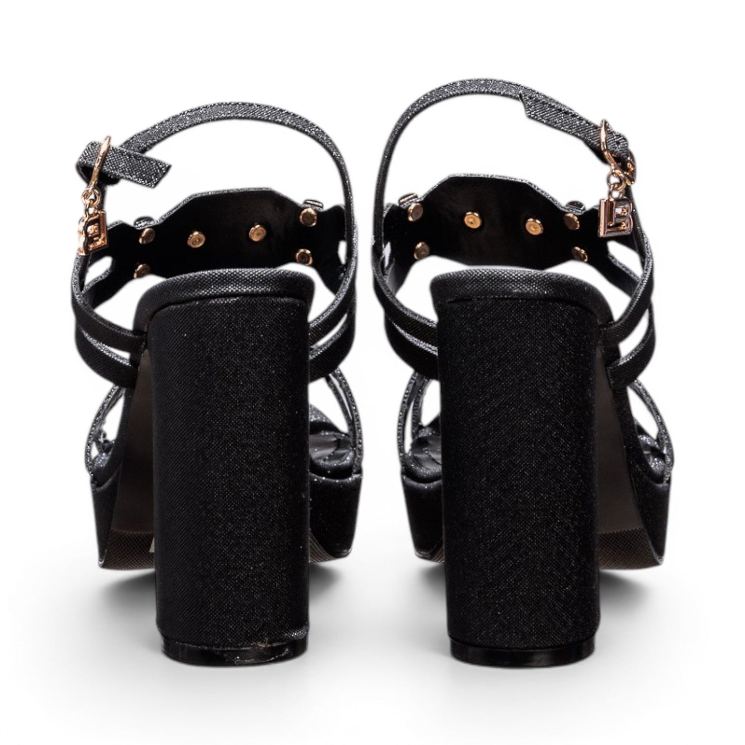ShoeShop LAURA BIAGIOTTI 8564 black synthetic platform sandals with gold stud details and block heels
