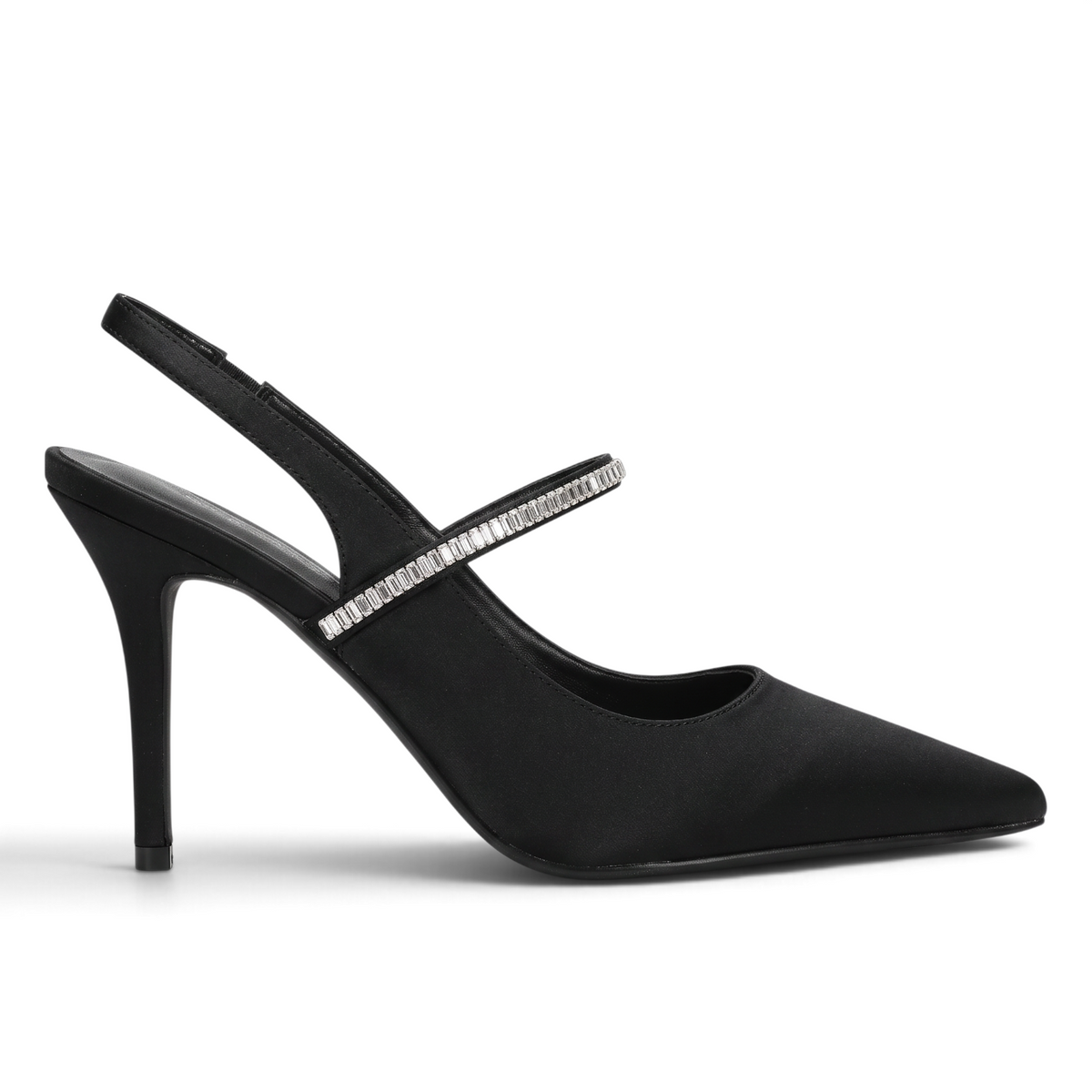 ShoeShop Laura Biagiotti 8977 black textile slingback heels with a 9cm stiletto heel and crystal embellished strap